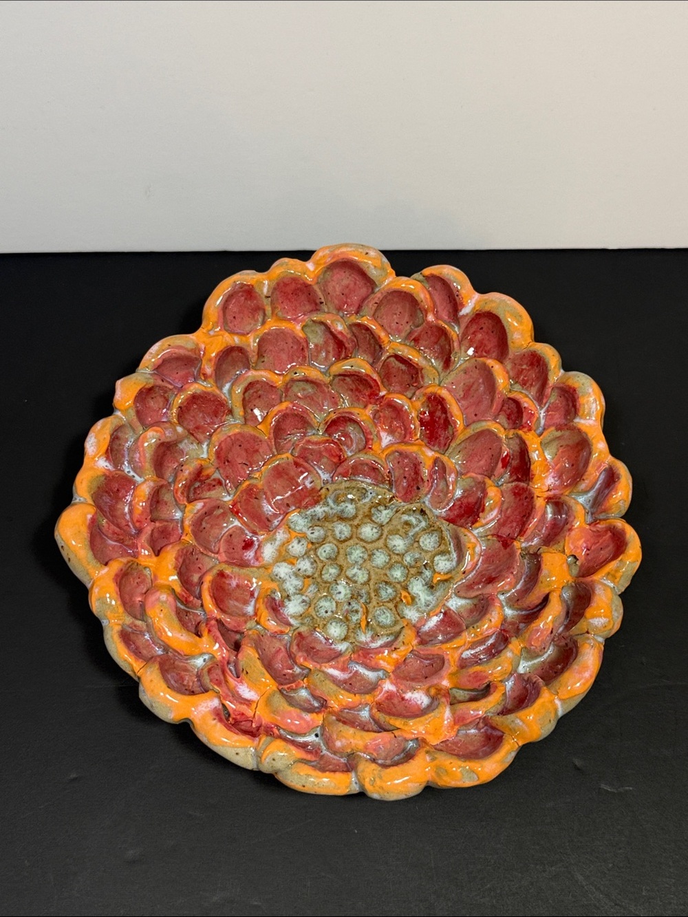 Handcrafted Ceramic Flower Bowl in Orange and Red